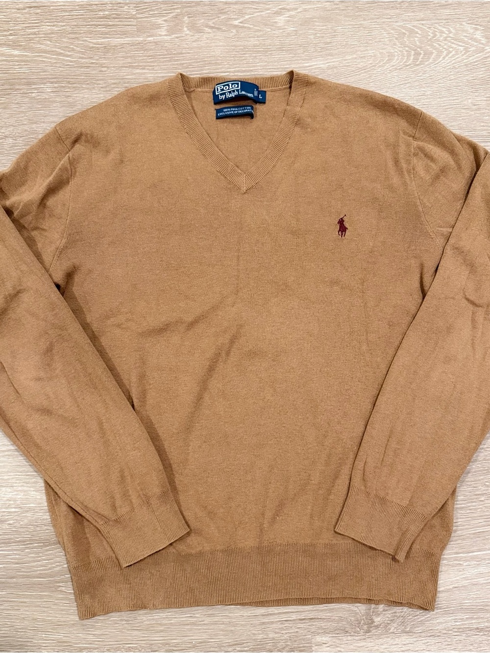 Ralph Lauren Tan V-Neck Sweater with Burgundy Pony